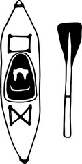 Cute doodle kayak with paddle. Hand drawn vector camping illustration in sketchy style isolated on white. Active  hiking element for stickers, posters, banner, ad, greeting card, sport or travel blogs
