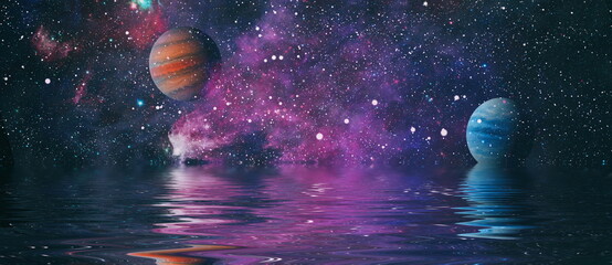 Deep reflected space in water  . Starry outer space background texture . Colorful Starry Night Sky...
