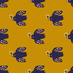 Stylized bright flying birds on mustard background. Dark blue birds with a twig in beak. Scandinavian vector seamless pattern. Hand drawn backdrop for textile, wrapping paper, kid's print, flat design