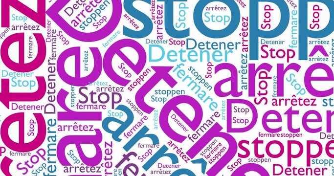 Word cloud animated concept of stopping in different languages. 