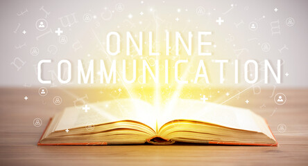 Open book with ONLINE COMMUNICATION inscription, social media concept