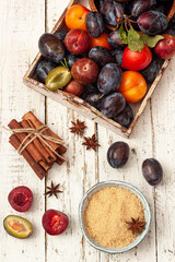 Ingredients for Making Plum Jam.Fall harvest and jam making concept.