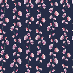 Seamless watercolor pattern with lilac abstract flowers and petals on a dark background. Pastel color. Floral pattern for the fabrics, pajamas, clothes, wedding decorations, greeting cards.