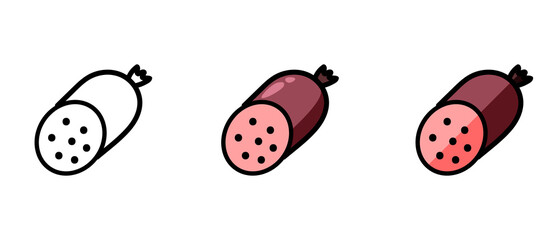 This is a set of icons with a different style of sausage. Sausage contour and colored symbols. Freehand drawing. Stylish solution for a website.