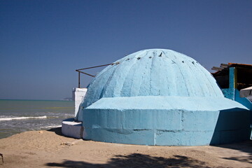 View of Bunker at Golem beach. Durres bay. Adriatic Sea. Albania. Europe.