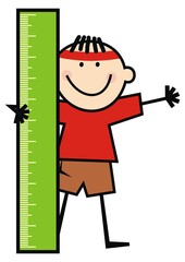Smiling boy with ruler, vector humorous illustration