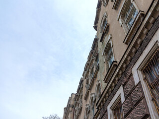 Ancient historical destructible building. Old architecture, broken glass