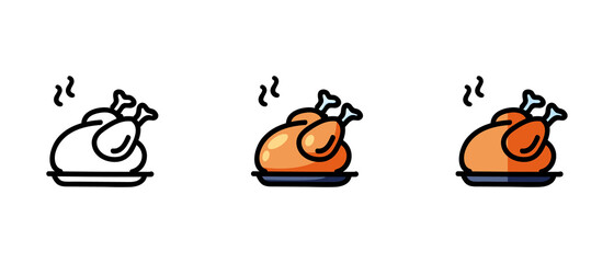 This is a set of icons with different style of fried chicken. Fried chicken outline and colored symbols. Freehand drawing. Stylish solution for a website.