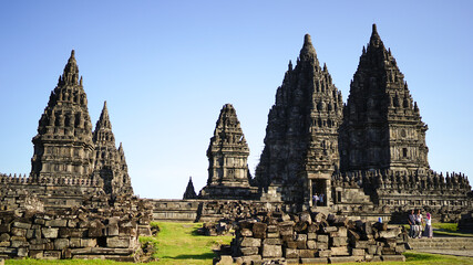 Fototapeta premium Yogyakarta, Indonesia - July 30, 2016: Pranbanan Temple in high season, UNESCO World Heritage Site, summer travel holiday concept, South East Asia, soft focus 