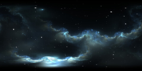 360-Grad-Weltraumnebel-Panorama, gleichwinklige Projektion, Umgebungskarte. Sphärisches HDRI-Panorama. Weltraumhintergrund mit Nebel und Sternen © Peter Jurik