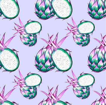 Pitahaya / Dragon fruit painted in watercolor. Seamless pattern for wrapping paper, fabrics, prints, covers.