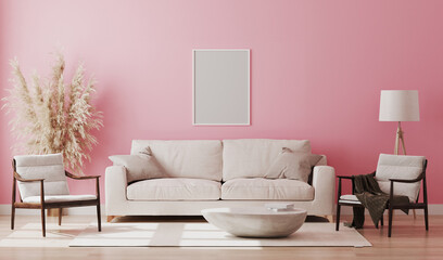 Blank poster frame mock up in pink room interior , 3d rendering