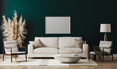 Blank picture frame mock up in emerald colour room interior , 3d rendering © Oleksandr