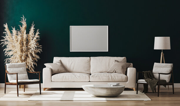 Blank picture frame mock up in emerald colour room interior , 3d rendering