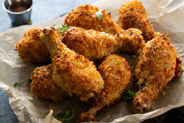 Panko breaded fried chicken drumsticks with hot honey sauce © fahrwasser