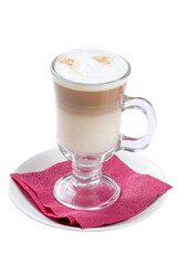 Coffee with cream from a coffee machine. Tall glass beaker. Isolated on white.