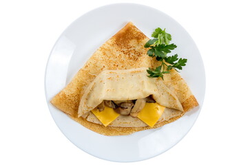 pancakes with cheese and mushrooms. isolated on white.