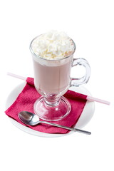 Milkshake with whipped cream. Served in a tall glass beaker.