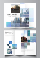 Vector layouts of covers design templates for trifold brochure, flyer layout, magazine, book design, brochure cover, advertising mockups. Abstract design project in geometric style with blue squares.