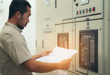 Electrical engineer man checking voltage and test at the Power Distribution Cabinet in the control...