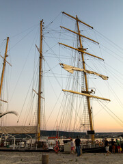 Varna, Bulgaria - July 23, 2016: Sun sets on sailboat in harbor of Varna. Beautiful sunset.