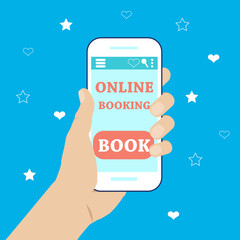 Smartphone in hand. Online booking. Vector flat illustration