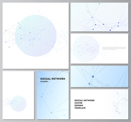 Vector layouts of social network mockups in popular formats for cover design, website design, website backgrounds or advertising mockups. Blue medical background with connecting lines and dots, plexus