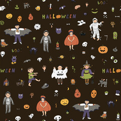 Halloween with kids, pumpkin, cats, moon, skull line hand drawn vector doodle seamless pattern