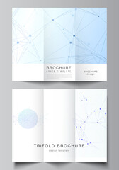 Vector layouts of covers design templates for trifold brochure, flyer layout, magazine, book design, brochure cover, advertising mockups. Blue medical background with connecting lines and dots, plexus