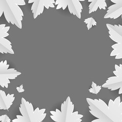 White paper leaves on gray background. Vector round frame