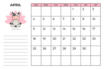 Ready-to-print A4 calendar planner for 2021 with a cute bull, cow or ox, the symbol of the new year 2021 according to the Chinese or Eastern calendar. 