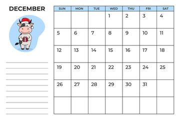 Ready-to-print A4 calendar planner for 2021 with a cute bull, cow or ox, the symbol of the new year 2021 according to the Chinese or Eastern calendar. 