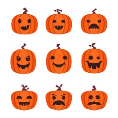 Halloween pumpkins collection with different expressions, vector illustration