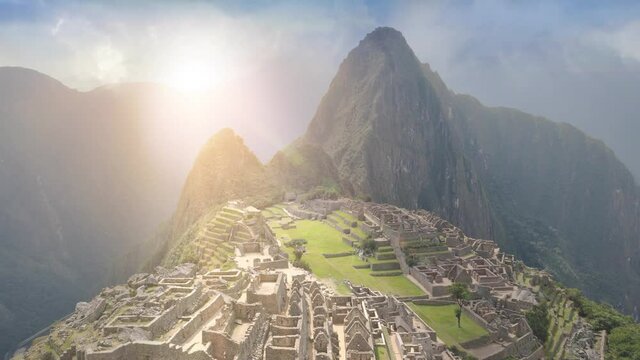 Machu Picchu view from tunnel crossing animation