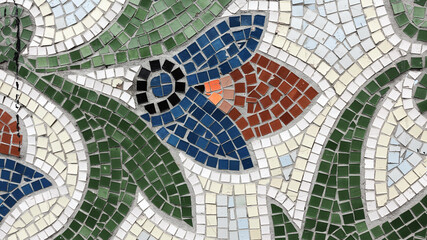 Detail of beautiful old collapsing abstract ceramic mosaic adorned building. Venetian mosaic as decorative background. Selective focus. Abstract Pattern. Abstract mosaic colored ceramic stones