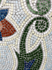 Detail of beautiful old collapsing abstract ceramic mosaic adorned building. Venetian mosaic as decorative background. Selective focus. Abstract Pattern. Abstract mosaic colored ceramic stones