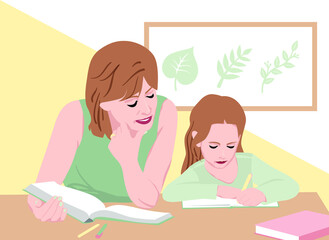 Mom and daughter learn lessons together. Flat illustration in pastel colors