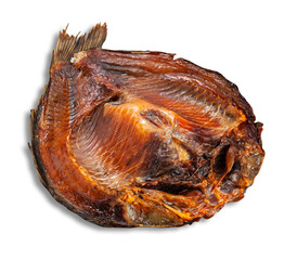 Common bream. Plast. Cut in half. Smoked. White background. Isolated.
