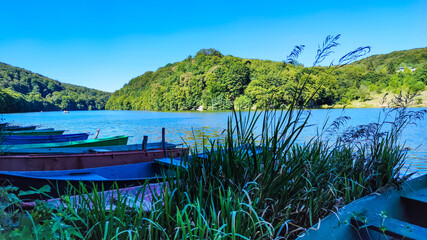 Boat station with lake on background in the summer season