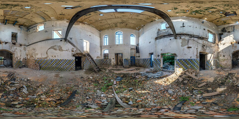 full seamless spherical hdri panorama 360 degrees angle view inside abandoned ruined factory hangar...