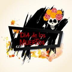 Dia de los Muertos (Day of the Dead) banner with Skull and Flowers. Catrina Calavera with yellow Marigold flowers. Vector Illustration, all elements are well grouped. 