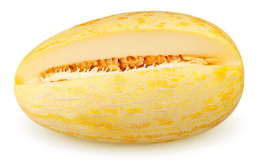 Isolated melon. One yellow melon fruit in the cut isolated on white background with clipping path
