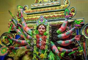 Close up view of Maa Durga's Face during Durga Puja .Durga Puja or Durgotsava,is an annual Hindu...