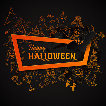 Happy Halloween banner with hand drawn doodle Halloween symbols and elements. Vector illustration