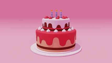 birthday cake with candles and icing on pink background, 3D Rendering, 3D illustration