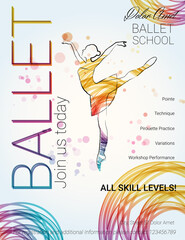 Ballet background. Flyer, brochure, invitation, ticket, poster or greeting card design template with beautiful ballet dancer figure. Vector illustration. 