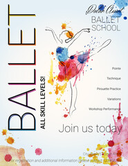 Ballet background. Flyer, brochure, invitation, ticket, poster or greeting card design template with beautiful ballet dancer figure. Vector illustration. 