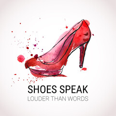 Elegant watercolor woman's shoe.  Design template for label, banner, postcard, flyer. Vector illustration. - 374550674