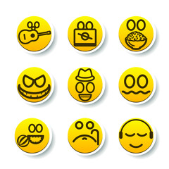 Fototapeta premium Set Of Yellow Sticker Collection Color Smile Different Emotions Emoticons Face Vector Design Cartoon Style With Shadows
