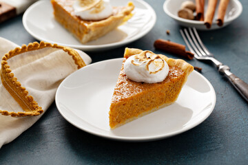 Sweet potato pie slice with toasted marshmallow topping